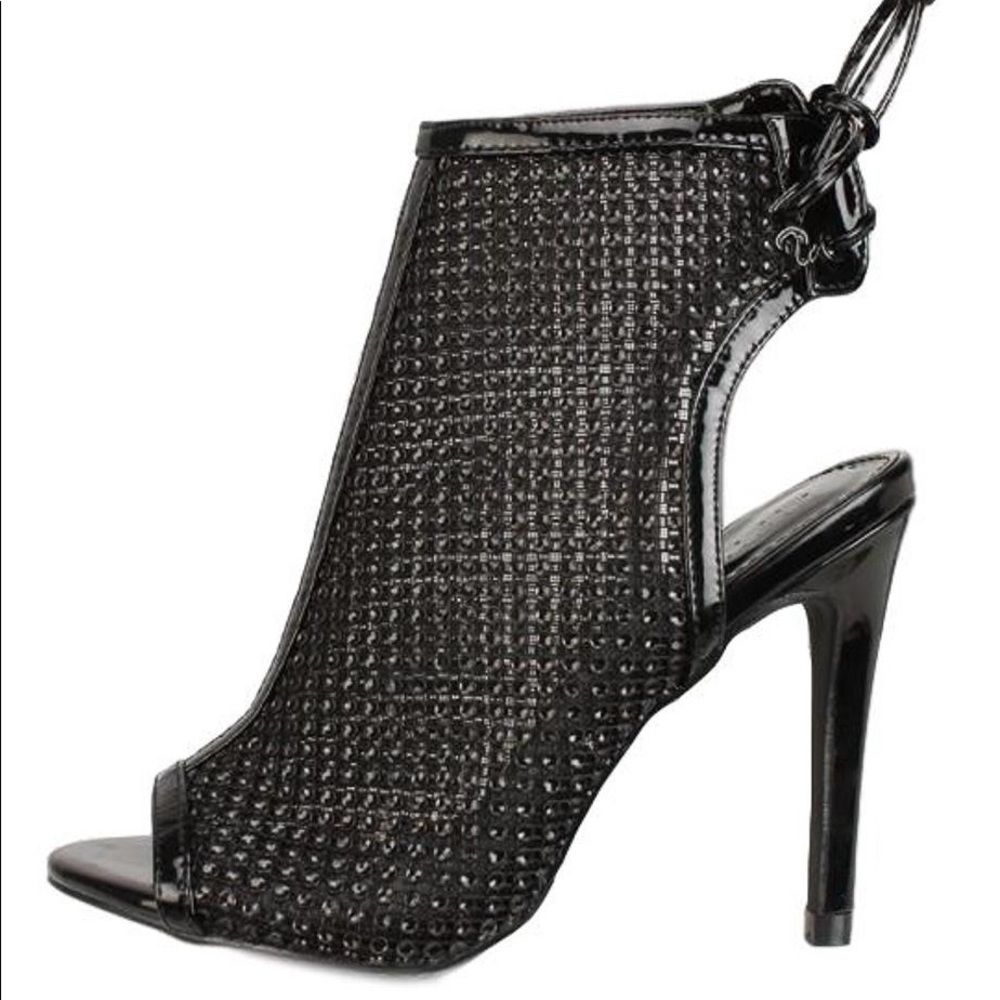 Sexy Black Peeptoe Rhinestone Mesh Strappy Lace Up High Heel Booties - Picture 4 of 4